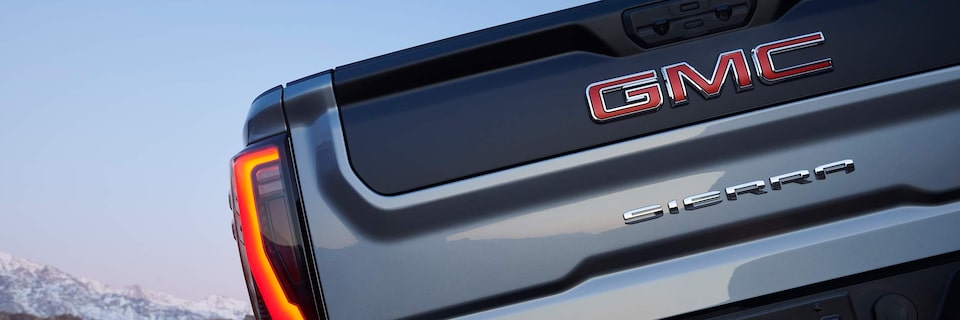 Close-up of the GMC Sierra Badging on the Sierra HD AT4X AEV Tailgate