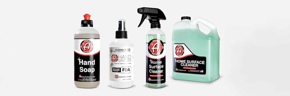 Image of Adam's Polishes line of hand soap, hand sanitizer, and home surface cleaners