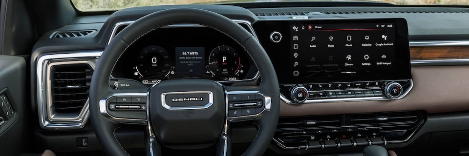 Steering Wheel and Dashboard From the Driver's Seat in a GMC Denali Vehicle