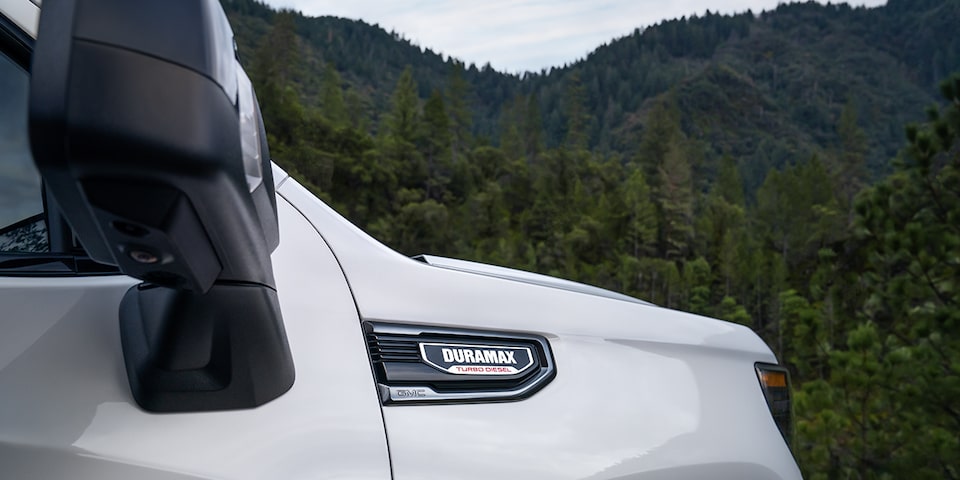 Close-up of the Duramax Badging on a GMC