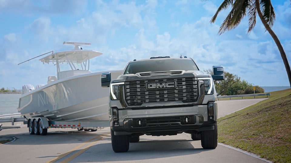 Front View of a GMC Truck Pulling a Fishing Boat