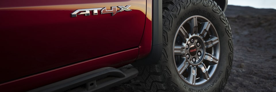 Close-up View of AT4X Badging on the Door of a GMC Sierra AT4 Truck