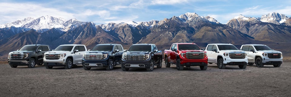 2021 GMC Denali Vehicles parked in front of Mountain Range