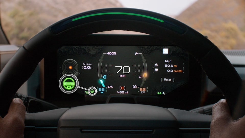 Driver’s View of the Steering Wheel and the Speedometer for the 2025 GMC Hummer EV SUV