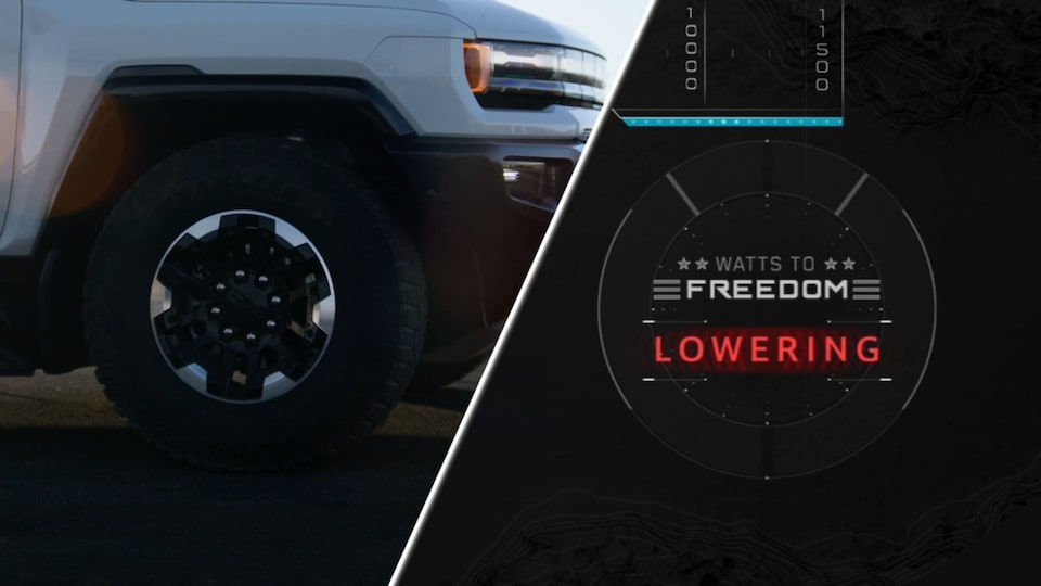 Split Image with the Left Showing a Side View of a Tire and Right Side Showing the Settings Options for the GMC Hummer EV SUV