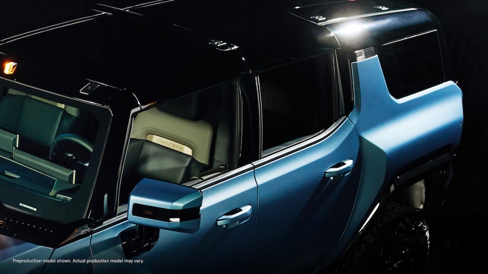 Bird's-eye View of the Limited-Edition GMC Hummer EV Omega Edition with a Neptune Blue Matte Exterior