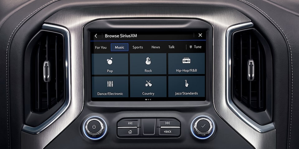 Close-up of the SiriusXM App In Use in a GMC Vehicle