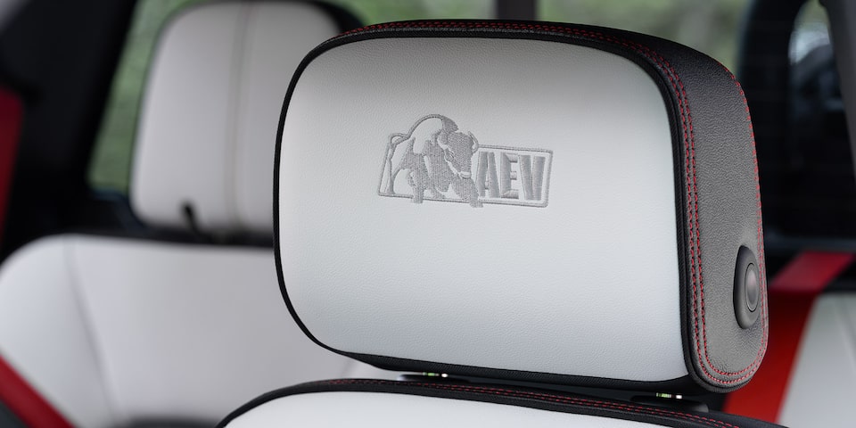 Close-Up on the GMC Canyon AT4X AEV Edition Badging on the Headrest