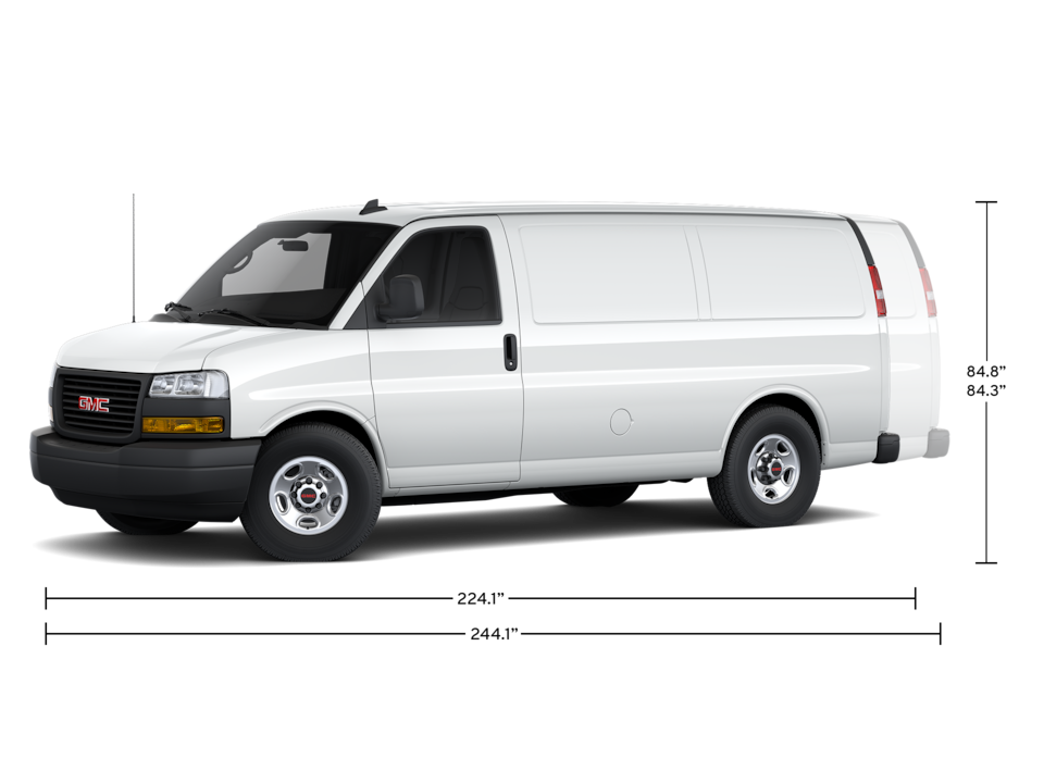 Front Three-Quarters View of a 2024 GMC Savana Cargo Van with a Dimensions Diagram