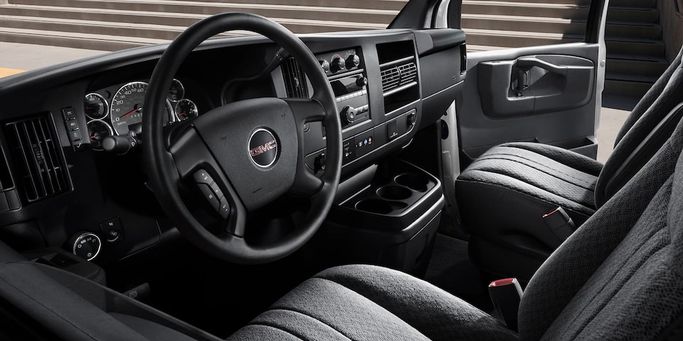 A Driver's View of the Front Interior on the GMC Savana Cargo Van