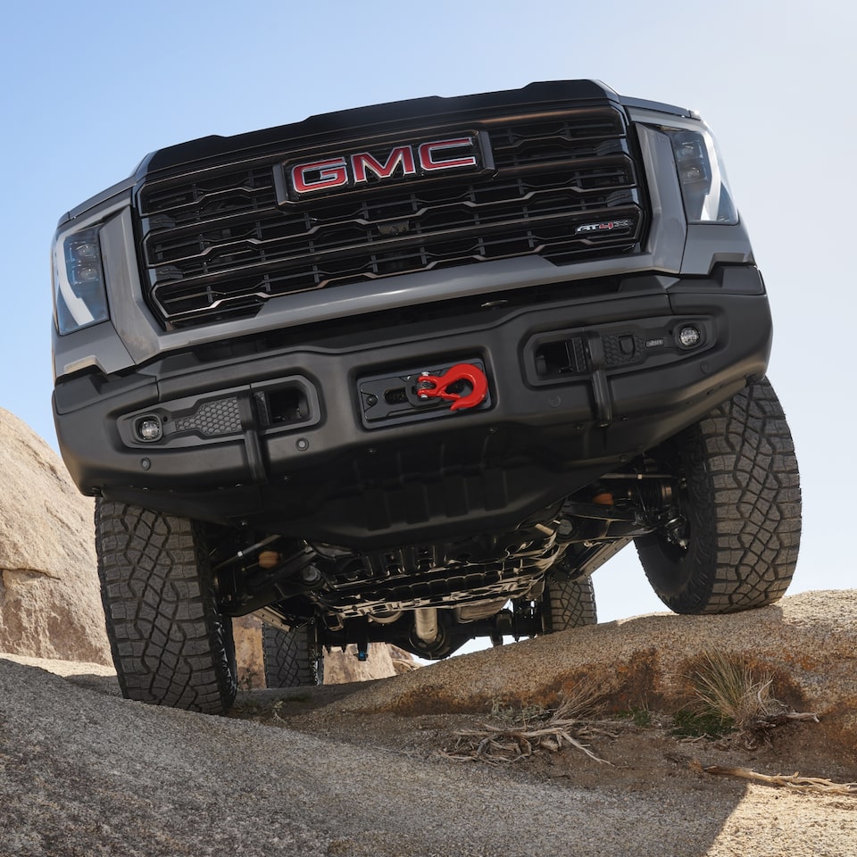 A Head-On View of the GMC Sierra HD Undercarriage and Tow Cable