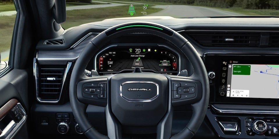 Close-Up on the Steering Wheel and Head-Up Display on the 2024 GMC Yukon