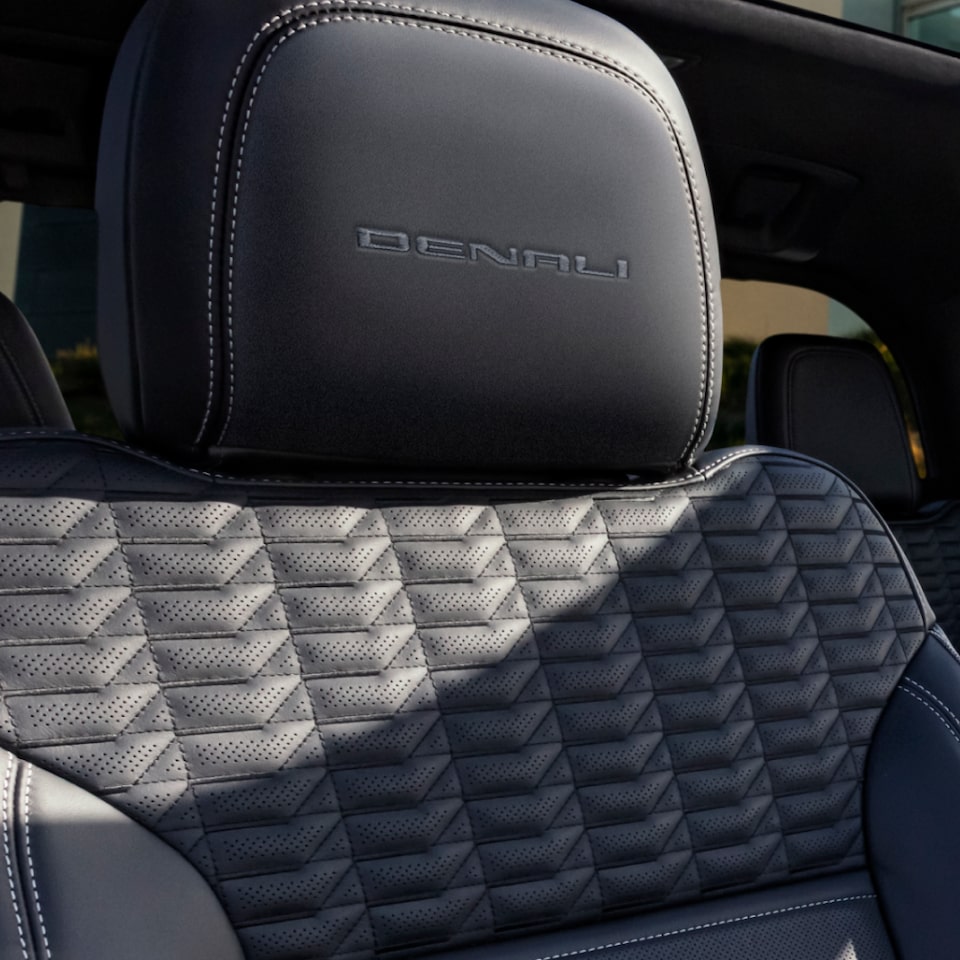 Close-up of the Denali Detail and Stitching on Seating in the GMC Sierra EV Denali